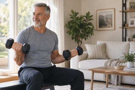 Man over 50 doing strength training with dumbbells at home.